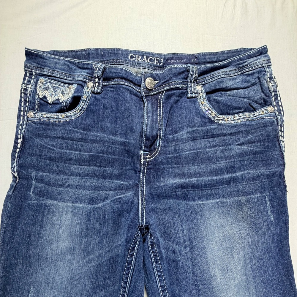 Grace in LA Women's Size‎ 19 P Straight Jeans Embellished Pockets Blue Wash
